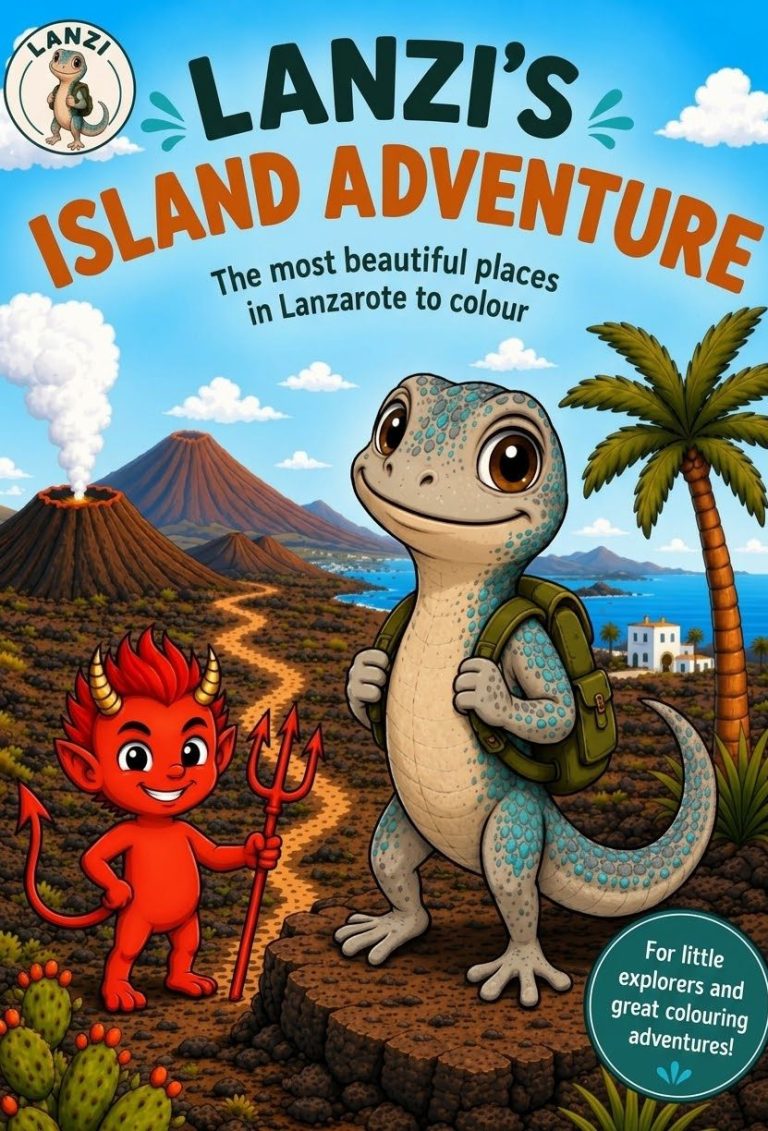 Kinderbuch-Cover: Lanzi's Insel-Abenteuer – Die schönsten Ecken Lanzarotes zum Ausmalen. Die Ostkanareneidechse Lanzi mit Rucksack neben dem