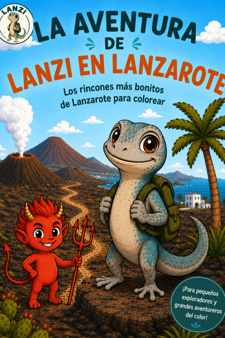 Kinderbuch-Cover: Lanzi's Insel-Abenteuer – Die schönsten Ecken Lanzarotes zum Ausmalen. Die Ostkanareneidechse Lanzi mit Rucksack neben dem