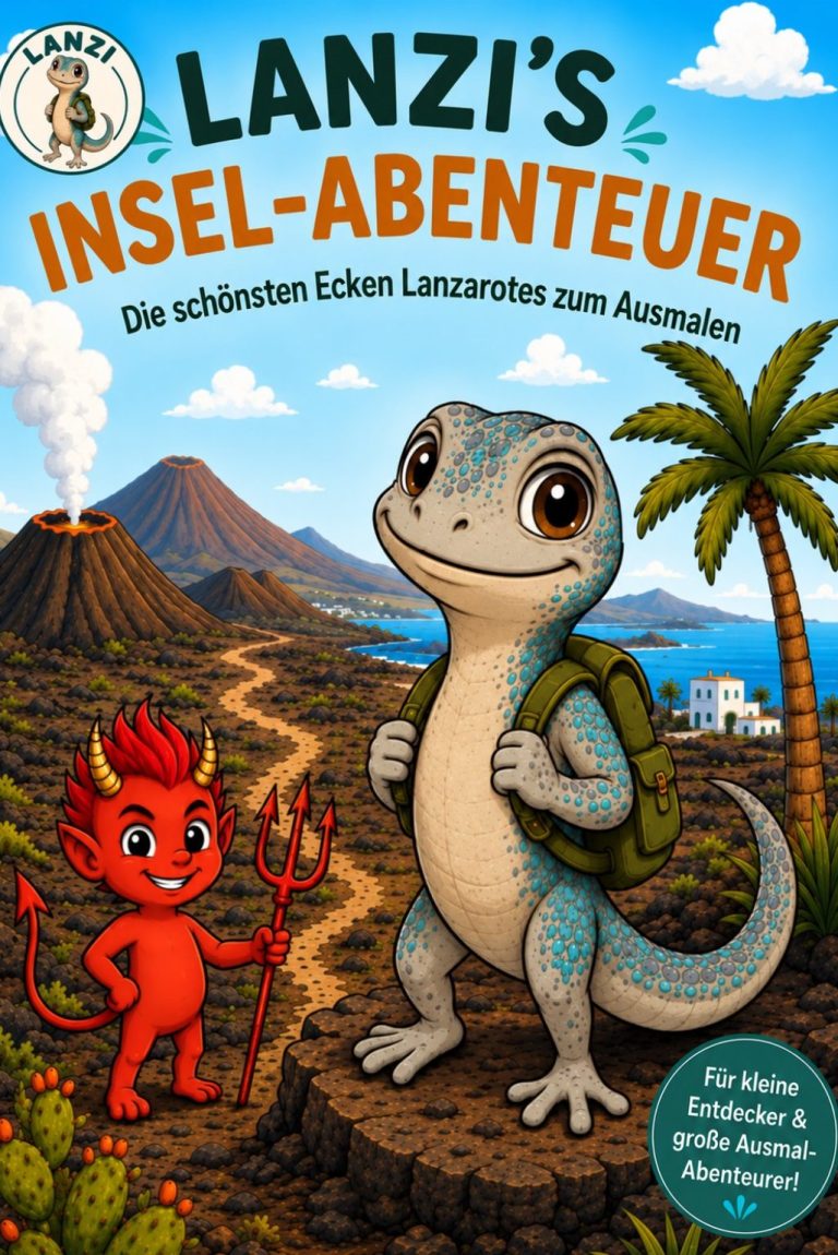 Kinderbuch-Cover: Lanzi's Insel-Abenteuer – Die schönsten Ecken Lanzarotes zum Ausmalen. Die Ostkanareneidechse Lanzi mit Rucksack neben dem