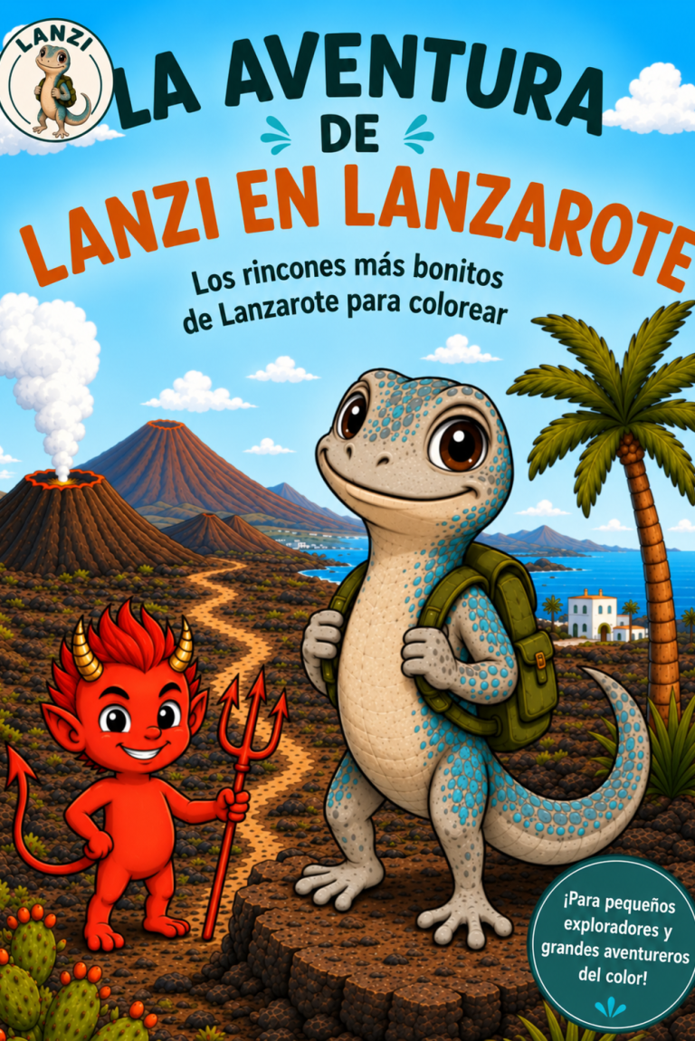 Kinderbuch-Cover: Lanzi's Insel-Abenteuer – Die schönsten Ecken Lanzarotes zum Ausmalen. Die Ostkanareneidechse Lanzi mit Rucksack neben dem