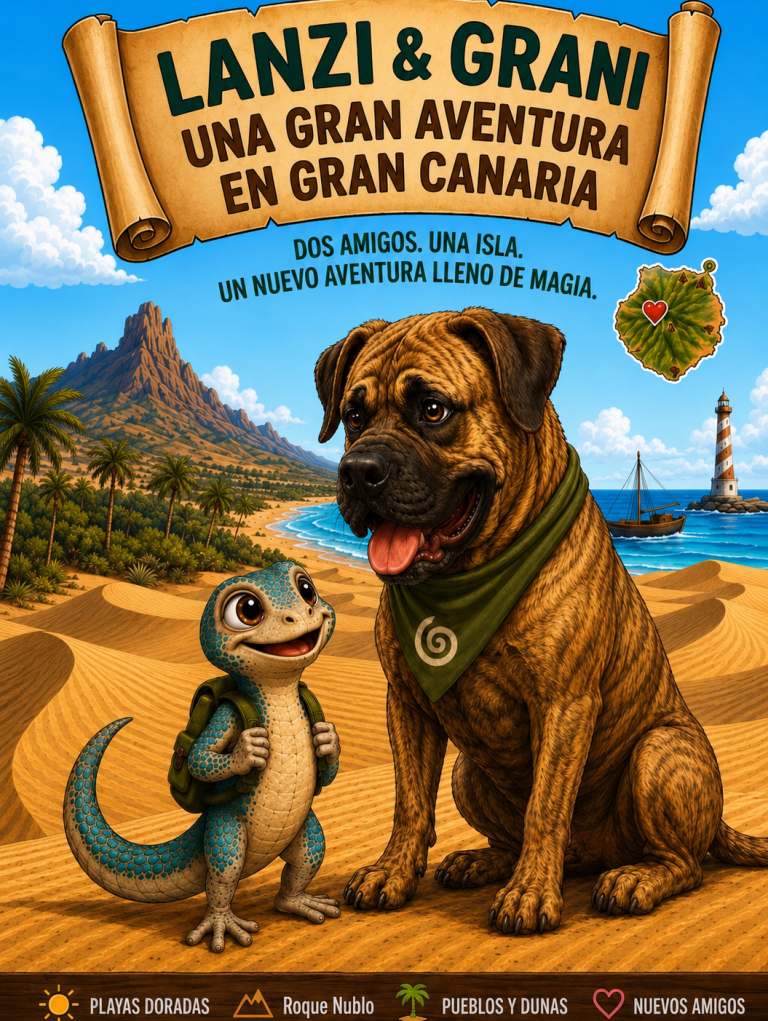 Kinderbuch-Cover von Lanzi und Grani – Ein großes Abenteuer auf Gran Canaria in den Dünen von Maspalomas