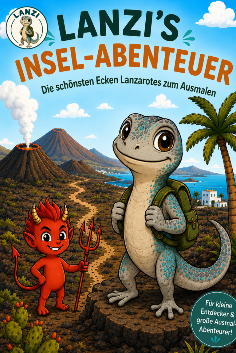 Kinderbuch-Cover: Lanzi's Insel-Abenteuer – Die schönsten Ecken Lanzarotes zum Ausmalen. Die Ostkanareneidechse Lanzi mit Rucksack neben dem