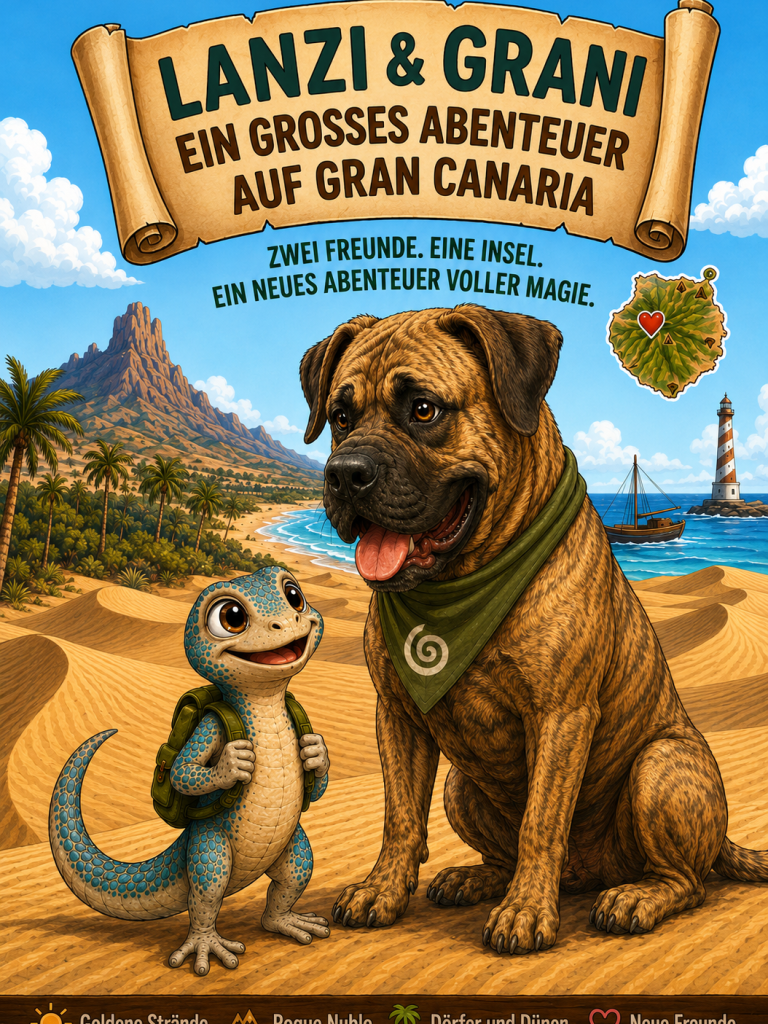 Kinderbuch-Cover von Lanzi und Grani – Ein großes Abenteuer auf Gran Canaria in den Dünen von Maspalomas