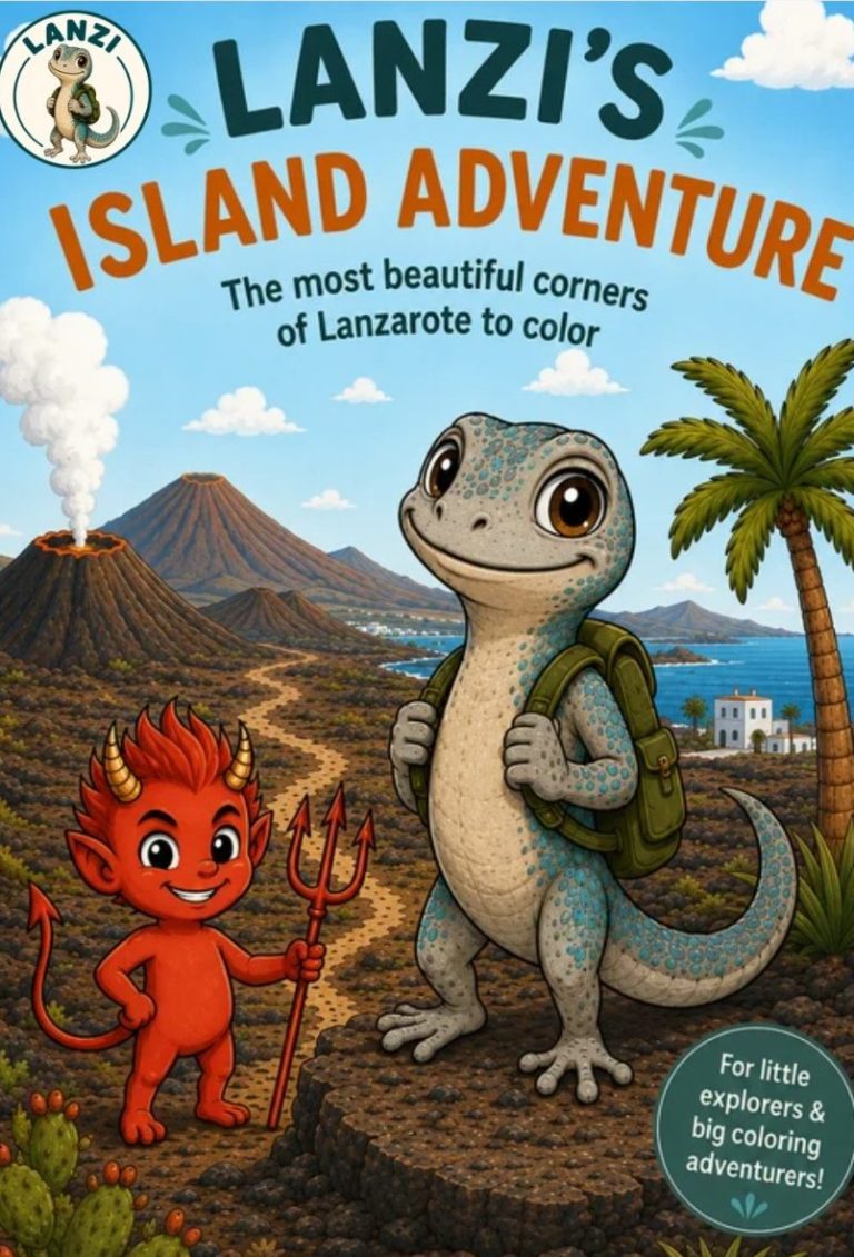 Kinderbuch-Cover: Lanzi's Insel-Abenteuer – Die schönsten Ecken Lanzarotes zum Ausmalen. Die Ostkanareneidechse Lanzi mit Rucksack neben dem