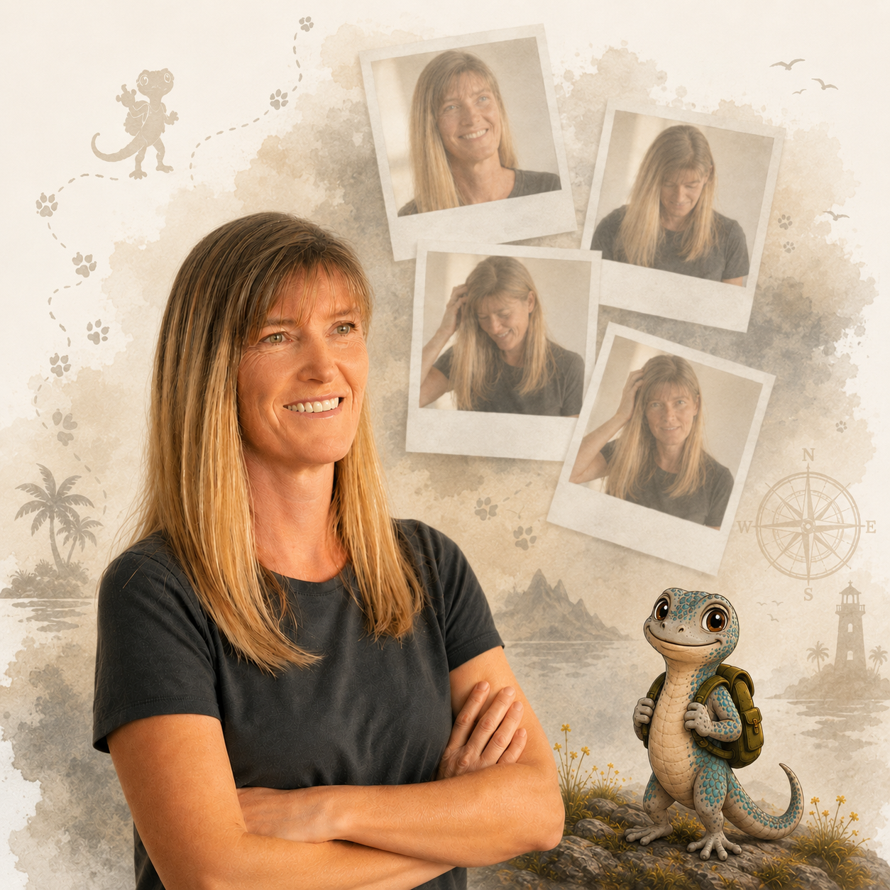Kinderbuch-Autorin Karina lächelt neben der kleinen Ostkanareneidechse Lanzi vor einem kreativen Hintergrund mit Polaroid-Fotos
